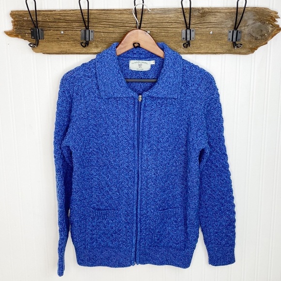 Irish Aran Co 100% Wool Cardigan Zip Front Blue - Picture 3 of 10
